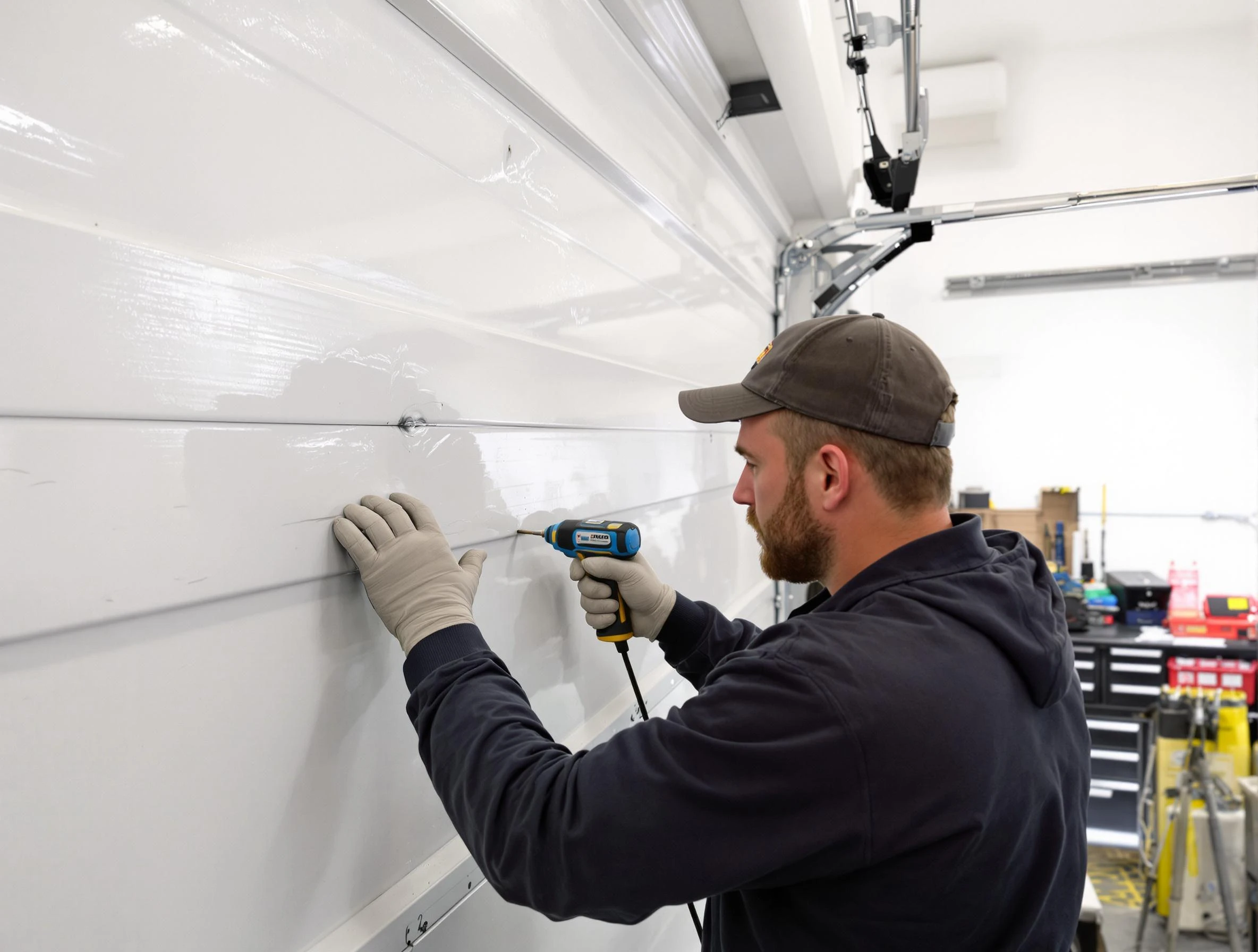 Brandermill Garage Door Repair technician demonstrating precision dent removal techniques on a Brandermill garage door