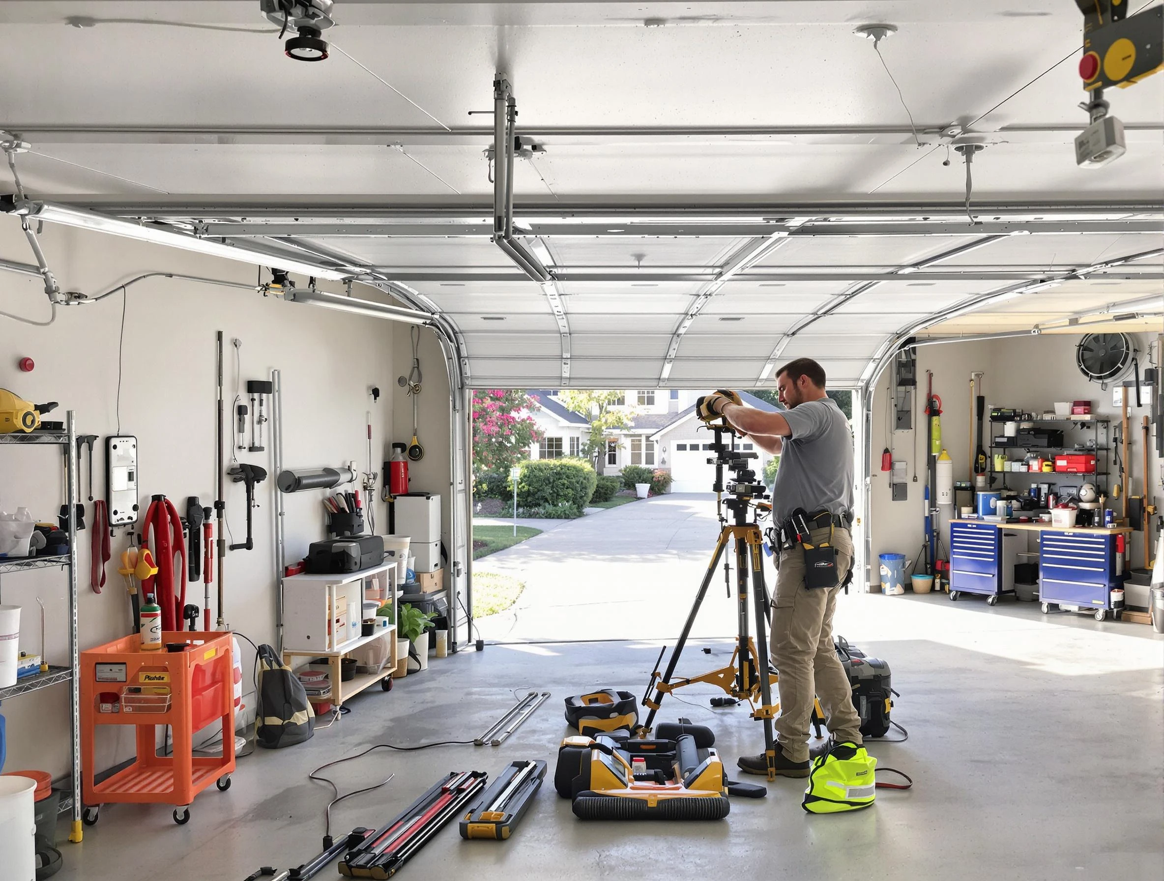 Brandermill Garage Door Repair specialist performing laser-guided track alignment in Brandermill